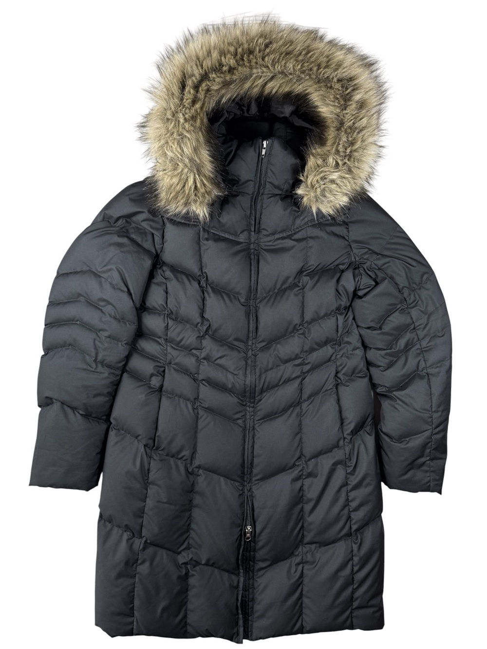 Lands’ End Black Down Puffer Parka Faux Fur Hood Coat‎ Small